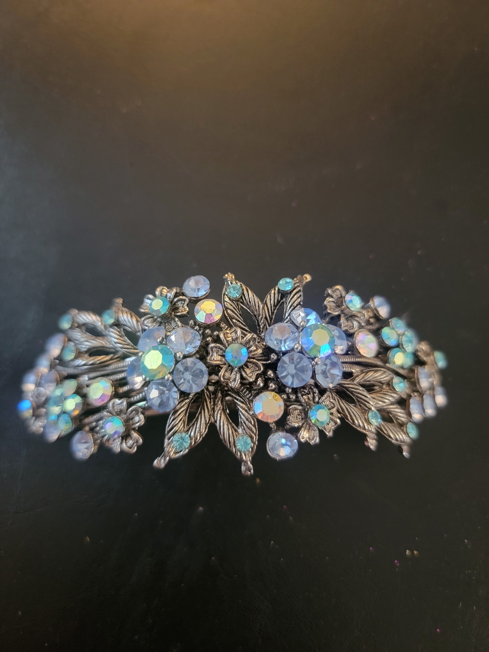 Rhinestone Floral Cluster Silver-Tone Ballroom Hair Clip- Blue Aurora
